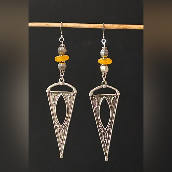 Antique Silver and Yellow glass Geometric Dangle Earrings - Picture 6 of 11